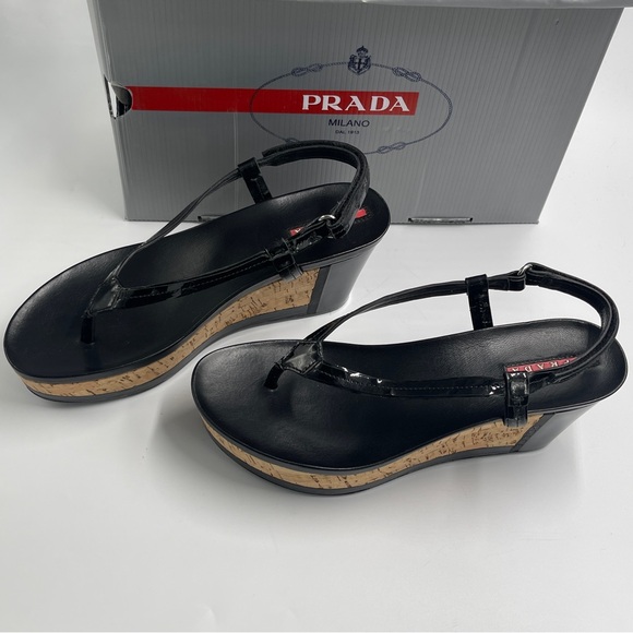 NEW AUTH PRADA SPORT ROSA LINEA 38 8 CORK PLATFORM PATENT THONG SANDAL BLACK NIB - Picture 3 of 11